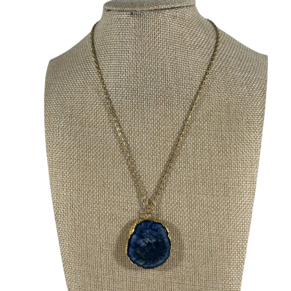 Blue Slice Pendant Two Sided Gold Tone Chain Geode Stone Necklace Natural Earthy